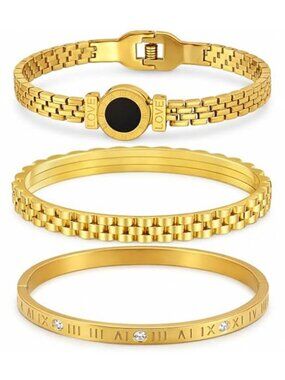 Gold Bracelet Set for Women 3PCS Layered Bracelets Roman Numeral Bangle